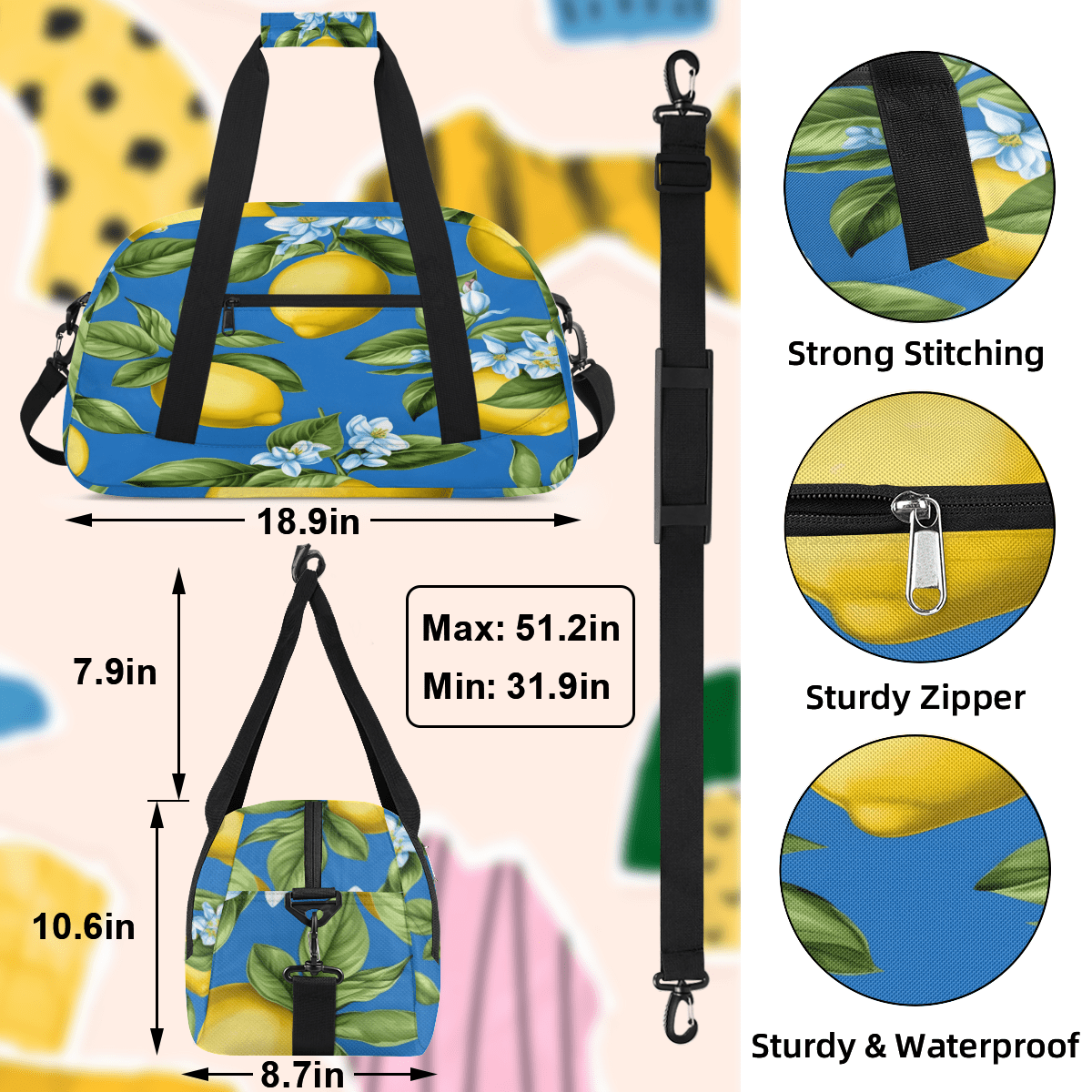 Herdesigns Green Yellow Lemon Sports Duffle Bag for Women & Men, Fruit Gym Bag Dance Bag Overnight Bag Carry On Weekender Travel Bag