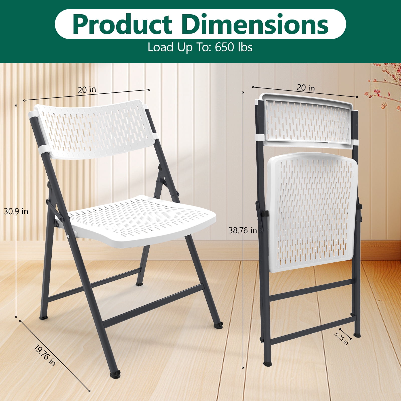 WLLJOY 4 Pack Folding Chair, 350 Lb Weight Capacity, Fold chair with Breathable Seat Indoor/Outdoor for Picnic,Races, Parties & Weddings, White