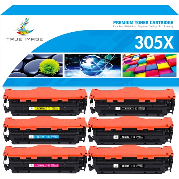 True Image 6-Pack Compatible Toner Cartridge for HP CE410X 305X Work with Pro 400 Color M451 MFP M475 CP2025 CM2320 Printer Ink (3*Black,Cyan,Magenta,Yellow)