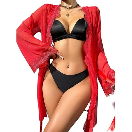 

Sexy Solid Deep V Neck Long Sleeve Red Womens Robes (Women s)