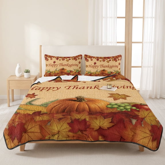 3 Pieces Queen Quilt Set,Happy Thanksgiving Pumpkin Fall Orange Maple Leaf Watercolor Soft Bedding Sets with 1 Quilt & 2 Pillow Shams,Farm Fruit Summer Bedspread Lightweight Coverlet for All Season