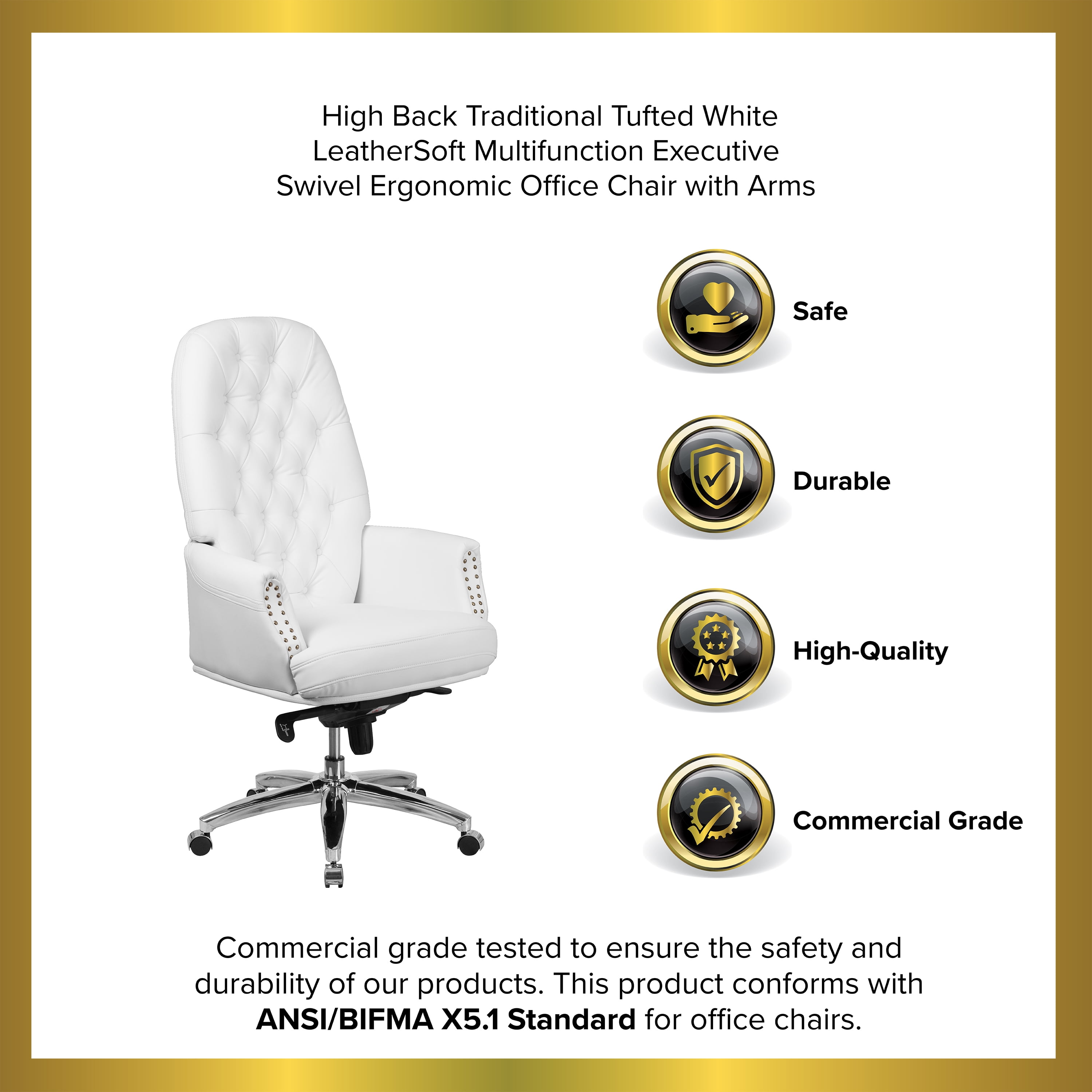 Merrick Lane White Faux Leather Office Chair with Ergonomic Lumbar Support and Button Tufted High-Back Design