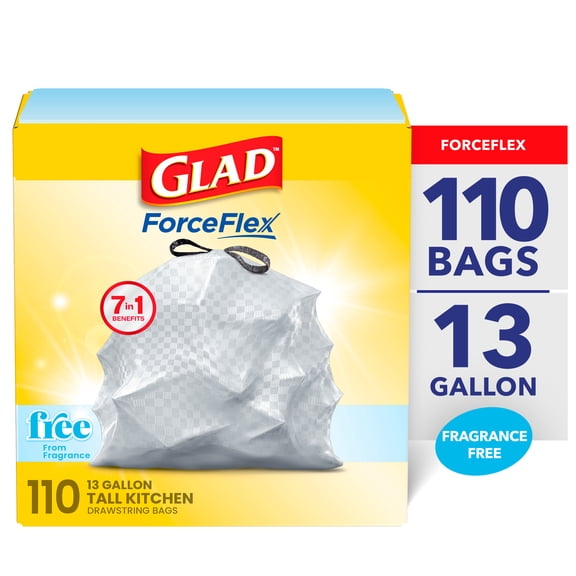 Glad ForceFlex 13-Gallon Drawstring Tall Kitchen Trash Bags, 110 Bags