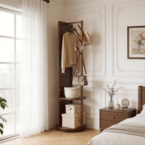 360° Rotatable Full Length Mirror with Coat Rack, 70"x19" Solid Wood Freestanding Body Mirror with Hooks & Storage Shelf, Standing Floor Mirror for Bedroom, Entryway, Living Room, Walnut