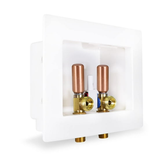 Highcraft TC200-UI Washing Machine Outlet Box Dual Drain Assembled with 1/2'' MIP/SWT Valves and Hammer Arrestors White ABS