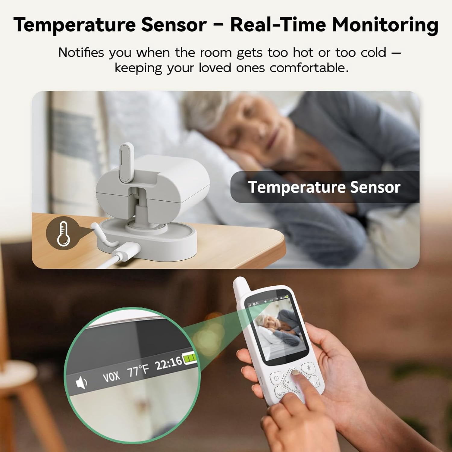 Baby Monitor with Camera and Audio, Room Monitors for Elderly Monitor, 2-Way Talk Baby Monitors, Portable Camera With Monitor Alarm Lullaby Temperature Sensor for Baby Elderly, Home Use