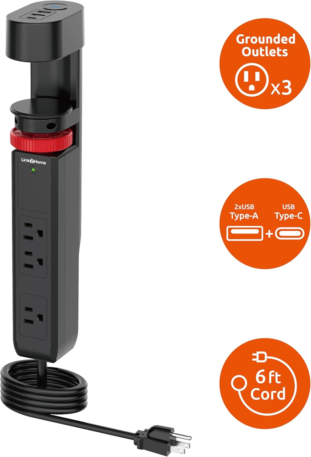Link2Home Clamp Power Strip, 3 Outlets, 3 USB, 6 ft. Cord, Black