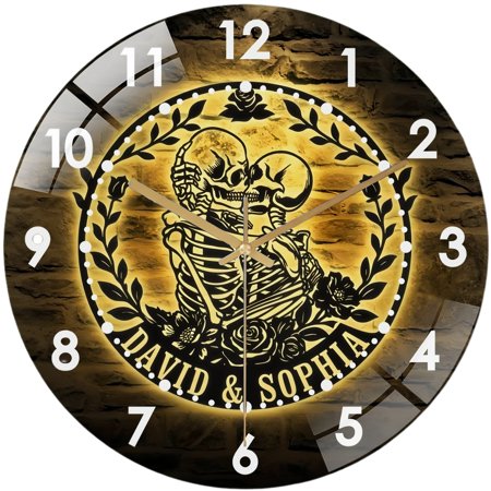 Decorative Clocks: Skeleton Couple Kissing with Roses Glass Wall Clock– Skeleton Couple Wall Clock for Home Decor Wedding Gift Decor. Hallo-ween Valentine Gift, Skull Lover Gift, Gothic Home Decor,