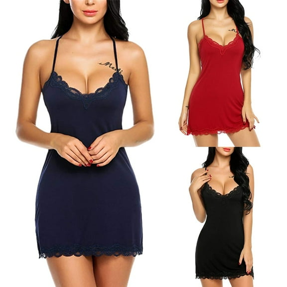 HAPIMO Women's Chemise Nightgown V Lingerie Lace Neck Slip Cotton Full Sleepwear Dress Womens Lingerie Sleepwear Dark Blue M