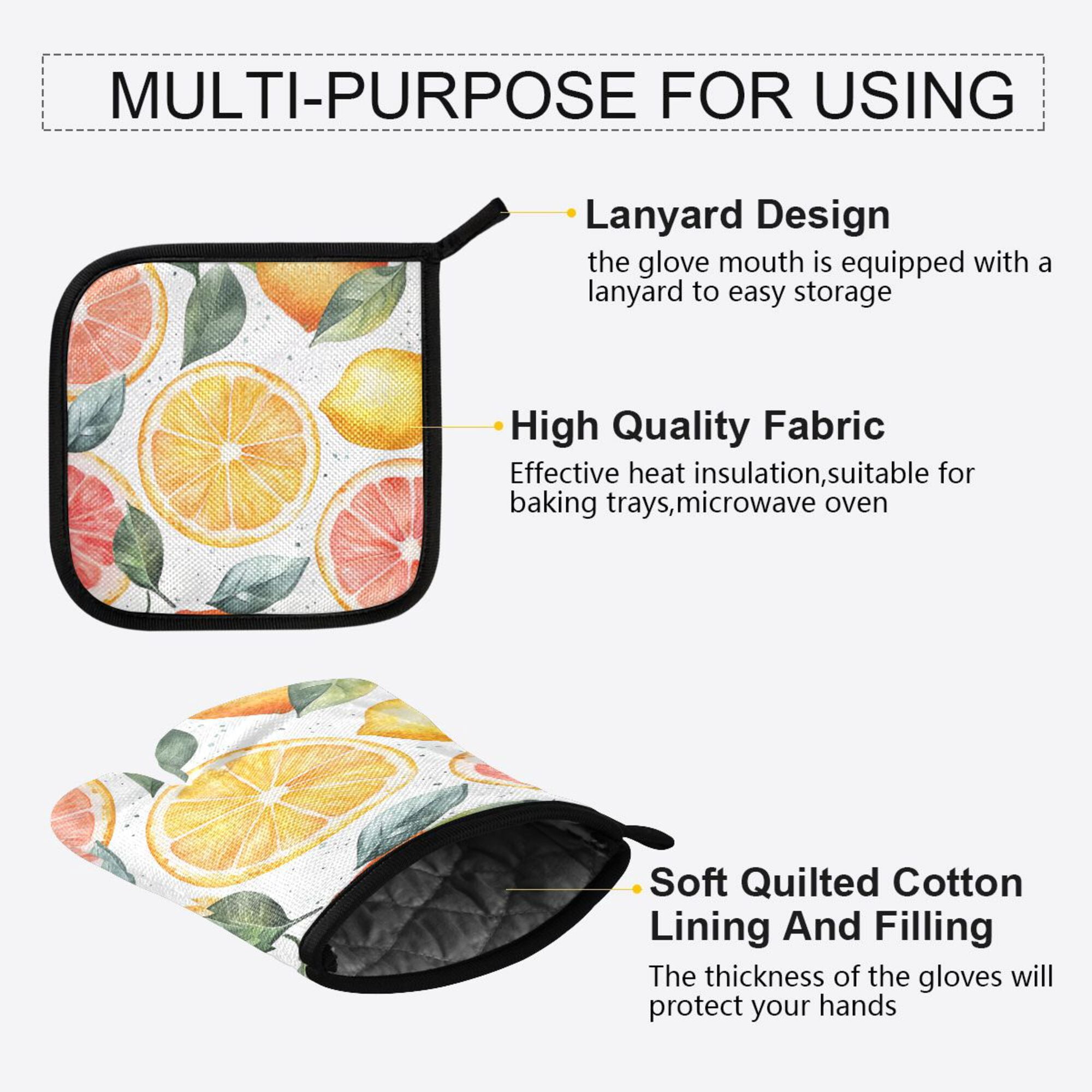 Yayeee Oven Mitts and Pot Holder Set of 4 Heat Resistant Kitchen Gloves Baking Hot Pad, Candy Lemon Slices