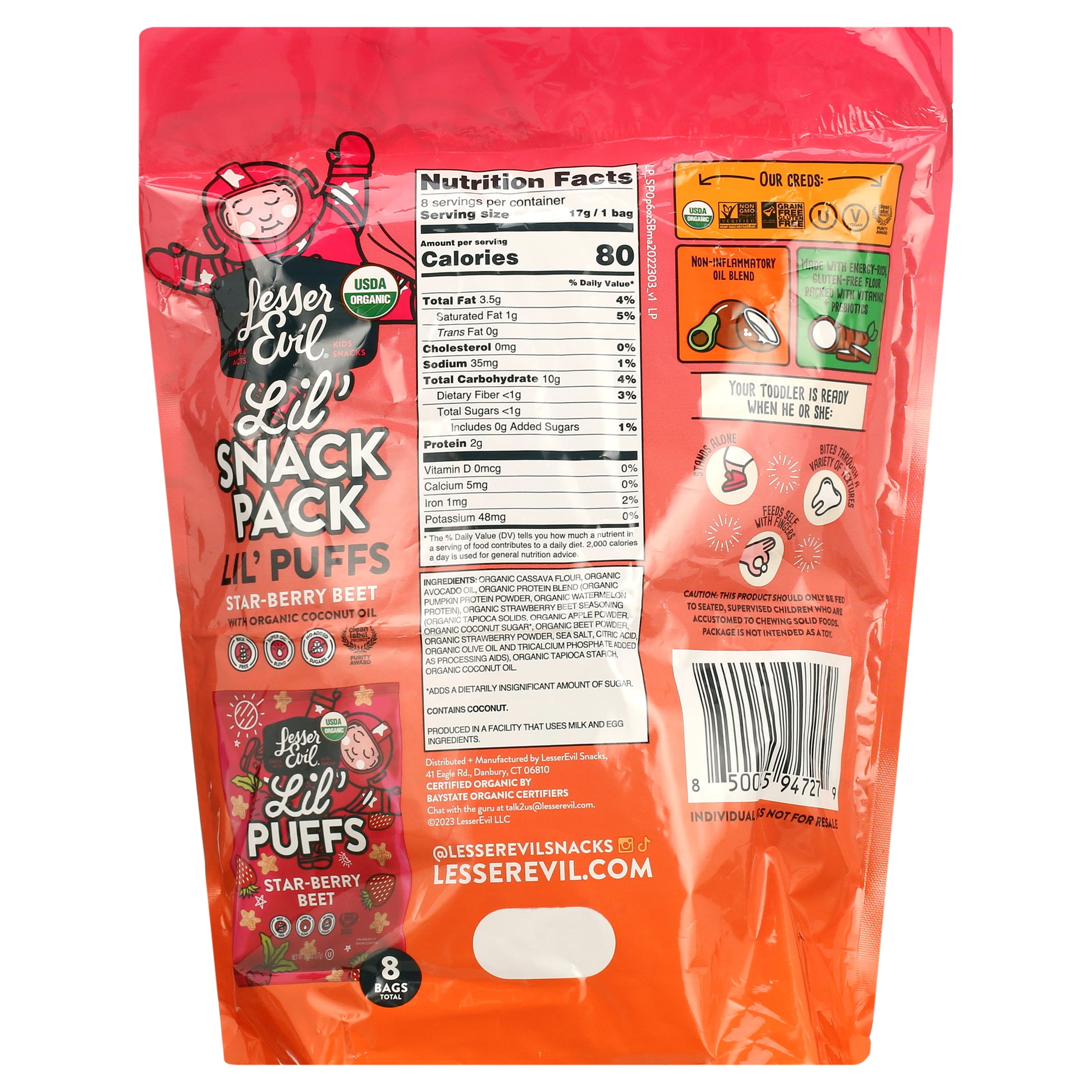 LesserEvil Strawberry Beet Lil' Puffs, Organic Snacks for Kids, 0g Sugar per Serving, 0.6oz, 8 Pack