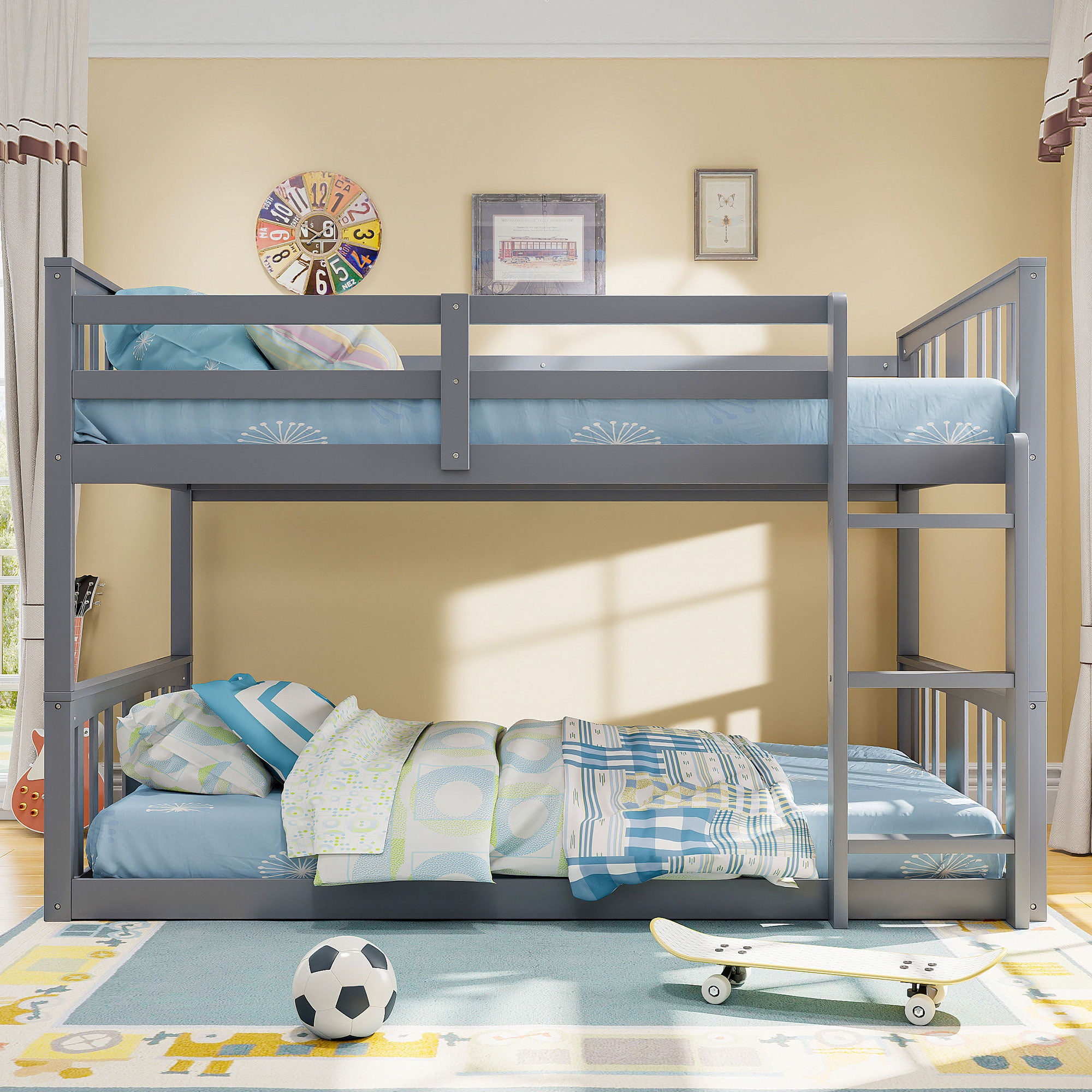 PORKISS Low Bunk Beds for Kids, New Upgraded Twin Over Twin Floor Bunk Bed with Ladder, Modern Bedroom Furniture Wood Bunk Bed for Boys Girls Teens, Easy Assembly, Gray