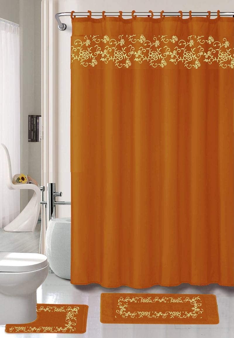 18 Pieces Shower Curtain with Matching Fabric Hook, Embroidery Bath Mat,Contour Rug and Towel