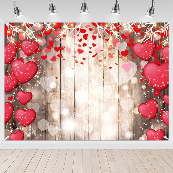 7x5ft Rustic Wood Red Heart Backdrop for Valentines Day Wedding