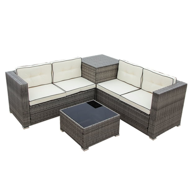 4 Piece Patio Dining Set All Weather Outdoor Conversation With Storage Ottoman Brown Wicker Sectional Sofa Furniture Cushions And Table For Backyard Porch Garden Poolside Com - Patio Conversation Sets With Storage 4 Piece Patio Dining Set All Weather Outdoor Conversation With Storage Ottoman Brown Wicker Sectional Sofa Furniture Cushions And Table For Backyard Porch Garden Poolside Com - Patio Conversation Sets With Storage