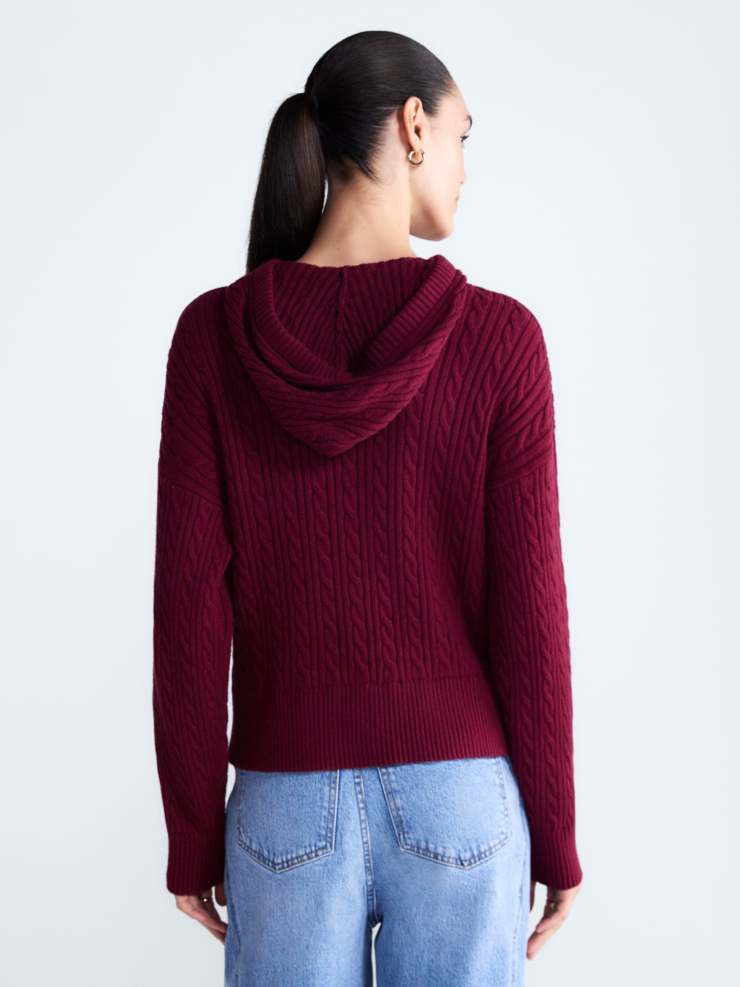 Free Assembly Women's and Women's Plus Cozy Yarn Cable Knit Hoodie Sweater, Midweight, Sizes XS-4X