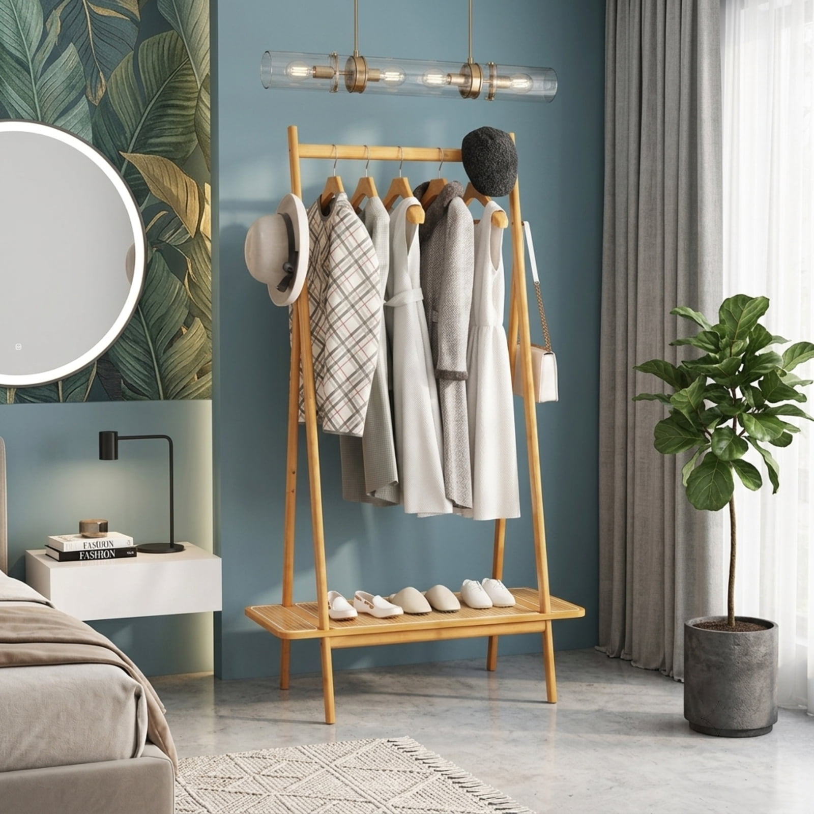 Furnibear Bamboo Clothes Rack with Hanging Rod Rattan Shelf and 5 Copper Hooks Freestanding Garment Rack for Bedroom and Entryway, Natural