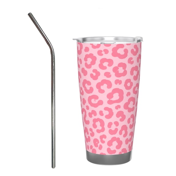 Pink Leopard Print 20oz Insulated Tumbler with Handle and Straw Travel Coffee Cup Car Cup Gift for Women with Stainless Steel Straw