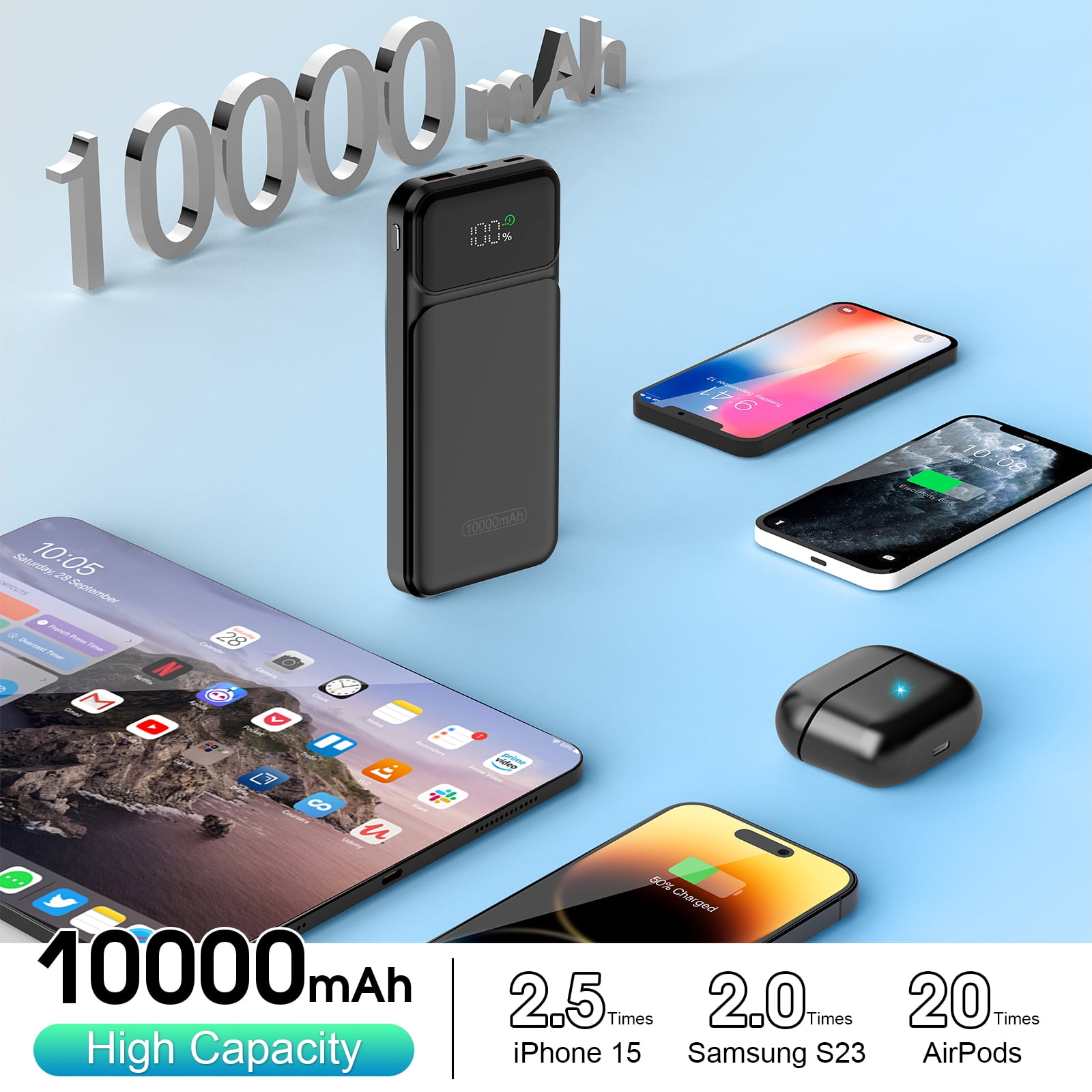 Portable Charger 10000mAh Power Bank with PD 22.5w Fast Charging, USB C in&out External Battery Pack, Portable Cell Phone Charger Compatible for iPhone17 16 15 14 /Pro/Pro Max/Plus Android