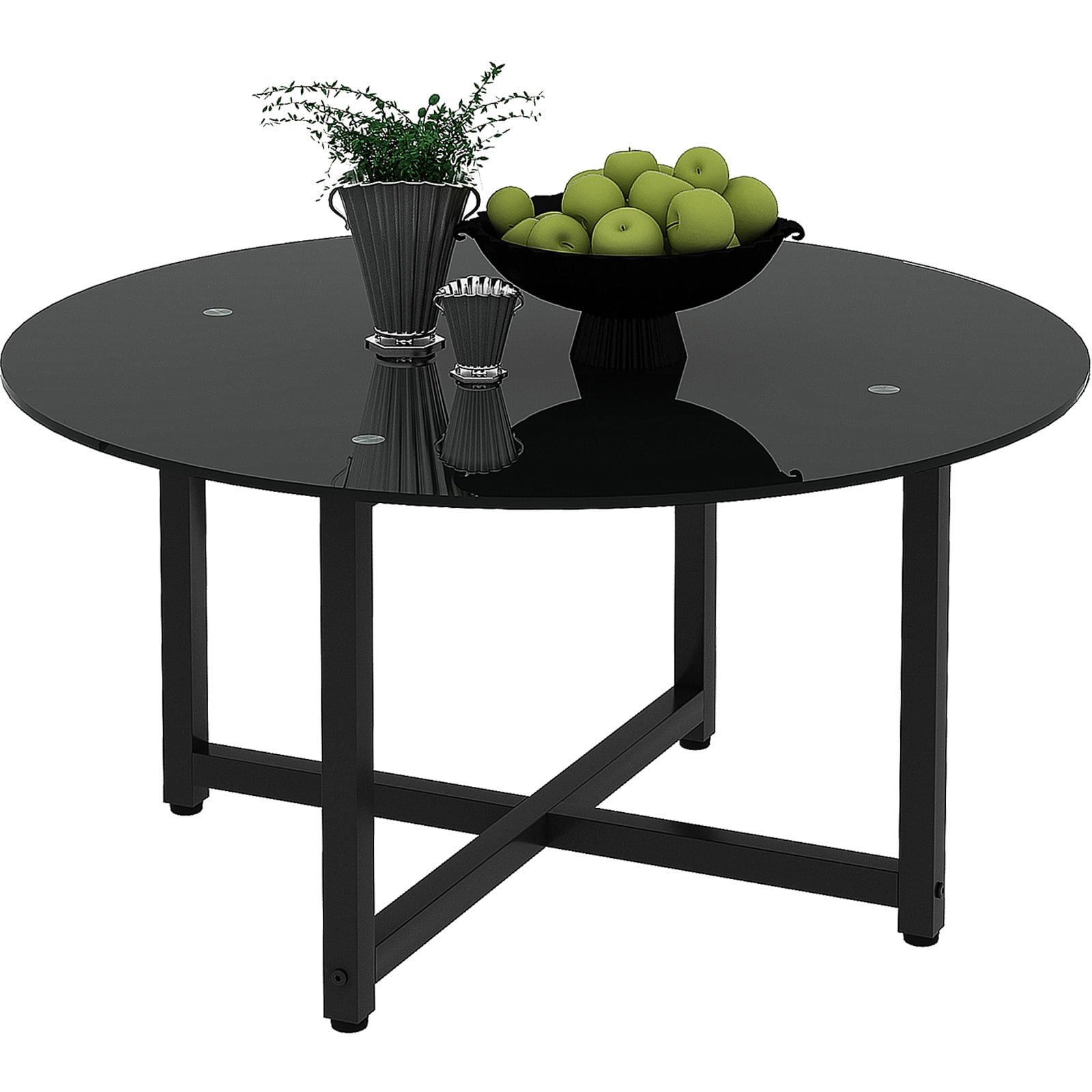 36 Inch Black Round Glass Coffee Table For Living Room, Black Coffee
