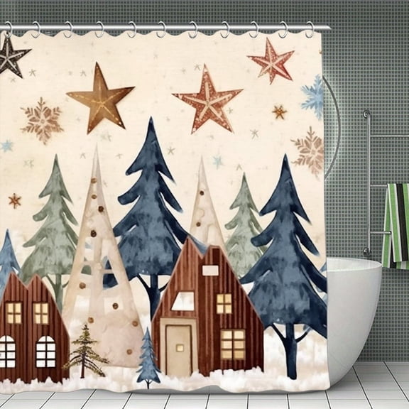 Christmas Tree Snowflakes Winter House Print Shower Curtain,Modern Fabric Waterproof Shower Curtain Set with Hooks,70.8×70.8Inch