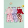 thumbnail image 3 of Baby Toddler Girl Fall Outfit, 0 3 6 12 18 24 Months Ruffle Long Sleeve Ribbed Romper Elastic Waist Pants with Fixed Belt Bow Headband, 3 of 9