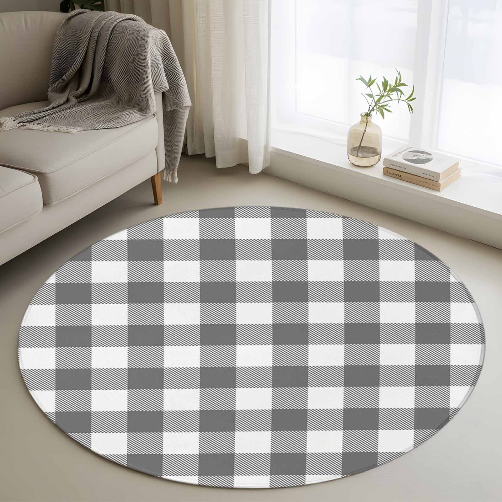 Round Area Rug 3ft Retro Idyllic Non-Shedding Washable Area Rug Grey and White Lattice Non Slip Low-Profile Circle Rugs for Living Room Bedroom Dining Room