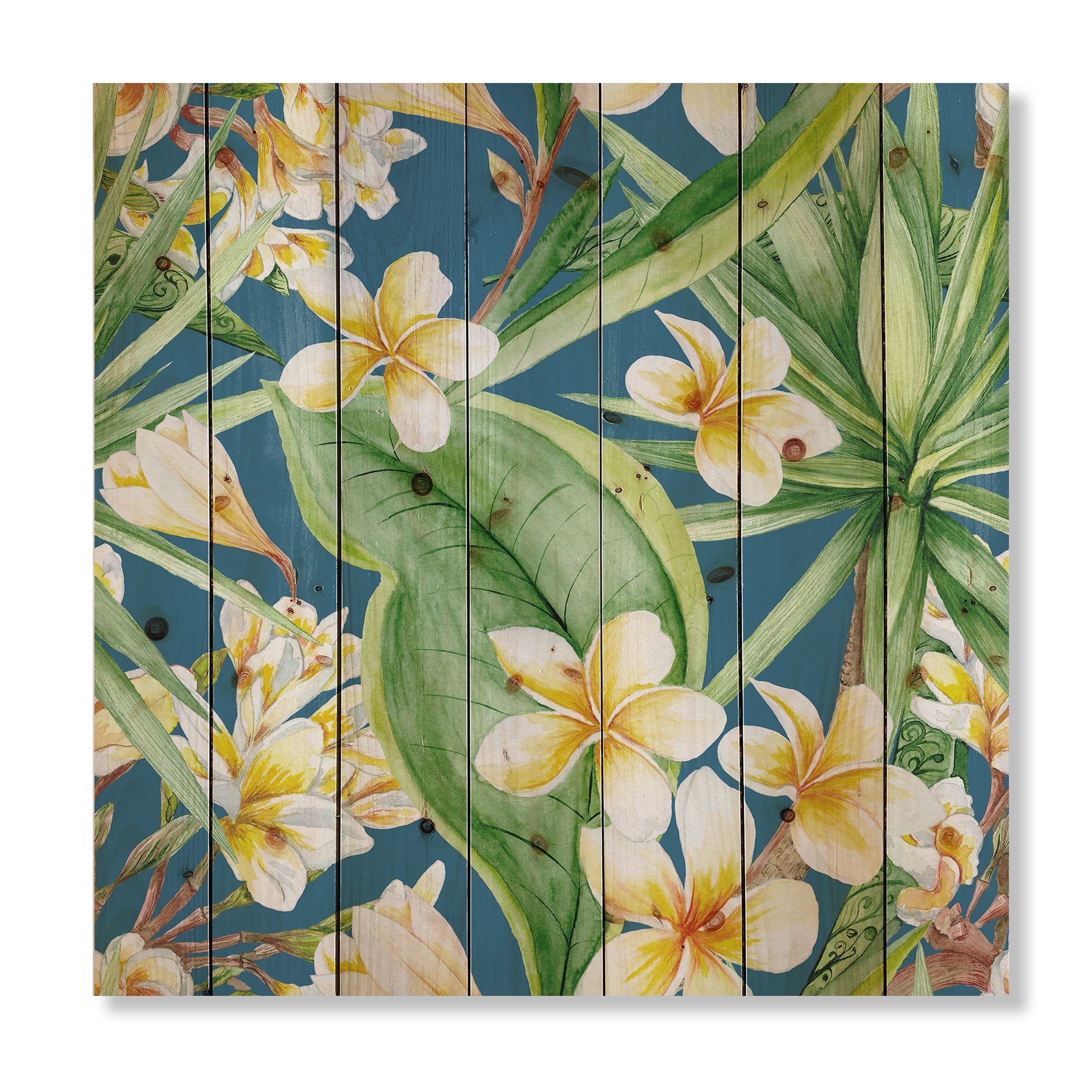 Designart 'Yellow Flowers and Tropical Foliage XV' Modern Print on Natural Pine Wood
