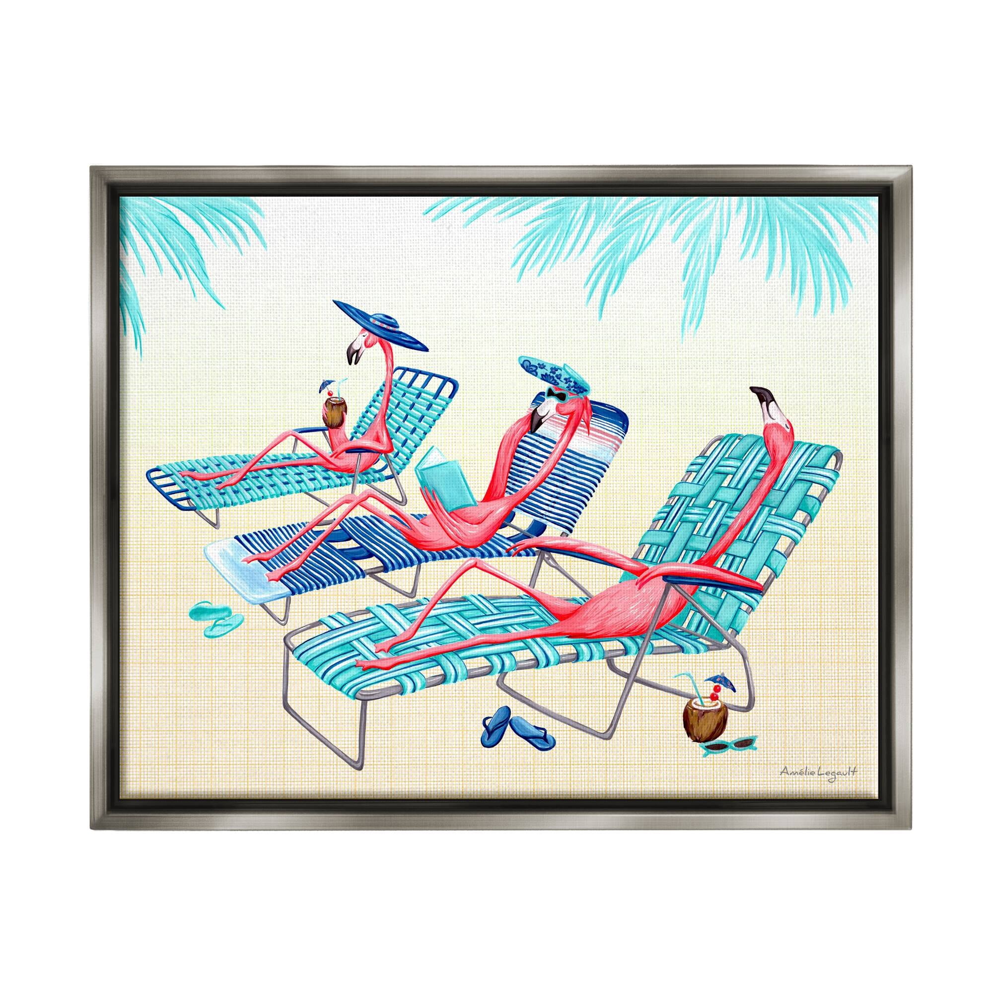 Stupell Industries Pink Flamingos Lounging Beach Chairs Tropical Scene Graphic Art Luster Gray Floating Framed Canvas Print Wall Art, Design by Amelie Legault