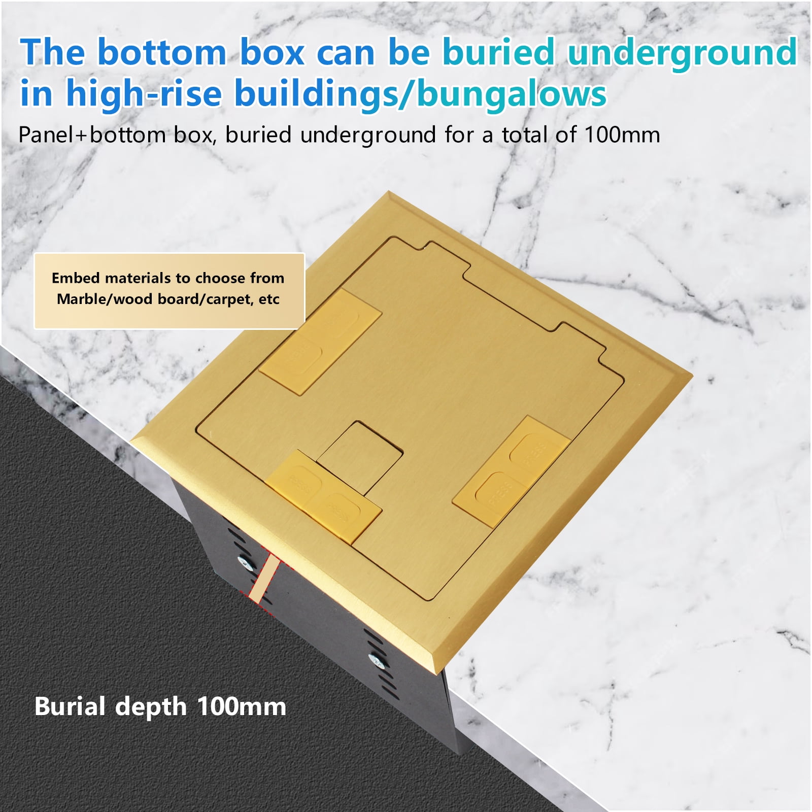 KYHSHJ Recessed Flat Hidden Socket Kit with 2 * 15A Receptacle，4.8A 1 USB-A Ports &1 USB-C Port+3-Port RJ45 Datacom Receptacle. Internal Height Adjustable，Corrosive Resistant Hardware,Brass