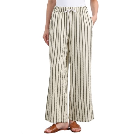 INSPIRE CHIC Women s Casual Drawstring Stripe Pants Wide Leg High Waist Cotton Loose Pants XS Beige