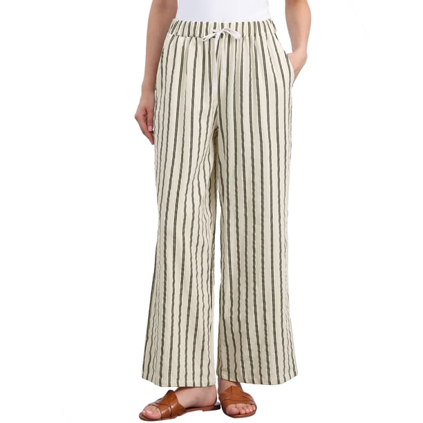 Pantalones de rayas de tiro alto y pierna ancha de algodón sueltos para mujer INSPIRE CHIC L Beige