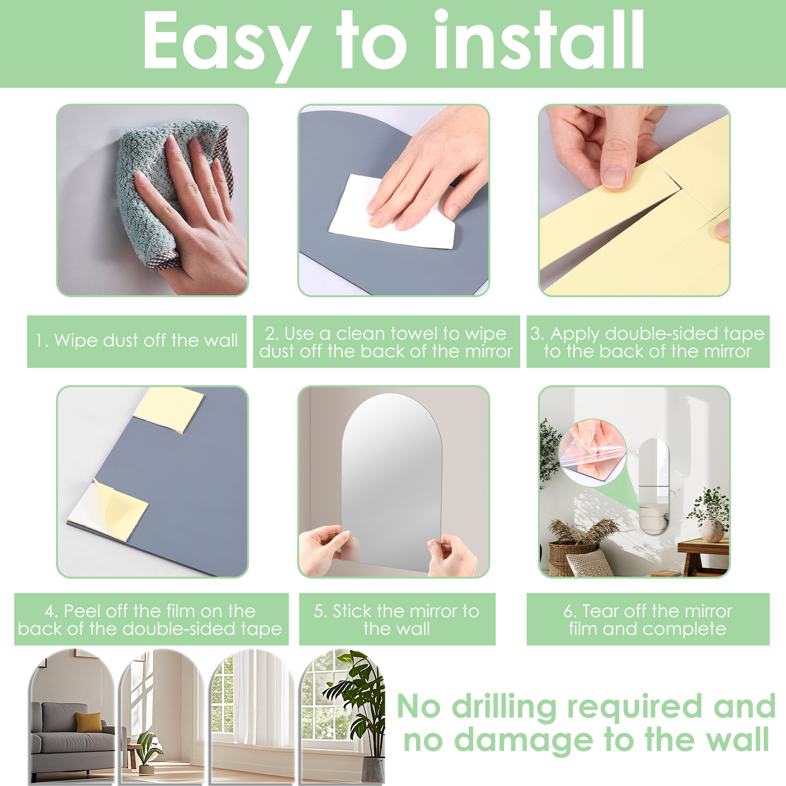 Threns 8Pcs Acrylic 2mm Self Adhesive Mirror Sticker Free Punching Flexible Mirror Wall Sticker Strong Adhesion for Wall Bathroom Home