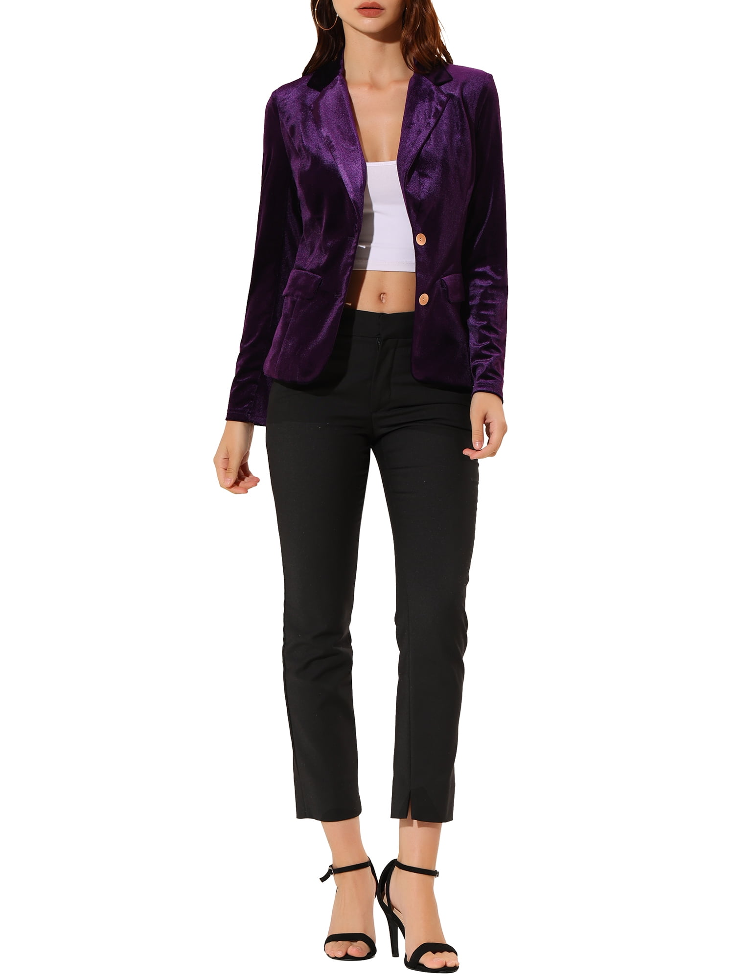 DARING DIVA Women's Notched Lapel Button Front Office Velvet Blazer S Purple
