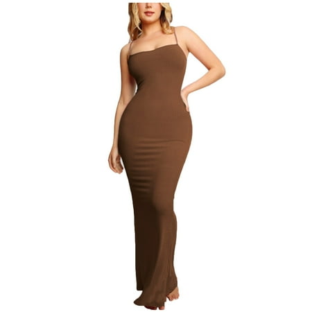 

Royallove Summer Dress Spring Summer New Fashion Solid Color Round Neck Long Sleeve Slim Long Dress Suspender Dress Two In One Corset Bodysuit Dress