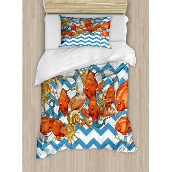 Nautical Duvet Cover Set Twin Size, Chevron Zigzag Lines with Fishes and Life Buoys Maritime Theme Arrangement, Decorative 2 Piece Bedding Set with 1 Pillow Sham, Coral Blue White, by Ambesonne