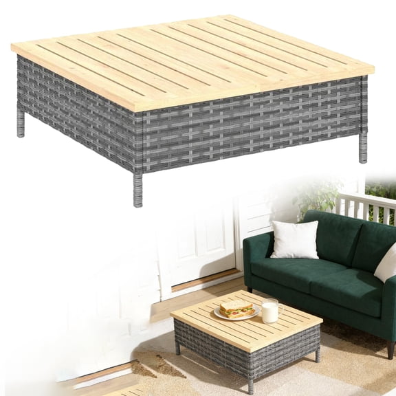 Patio Side Table with PE Rattan,Outdoor/Indoor End Table with Natural Fir Wood Top,Weather Resistant Accent Table for Patio Pool Porch