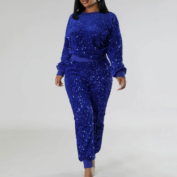 Women's Casual Fashion Sequins Velvet Round Necked Long Sleeved Blouse Trousers Two Piece Suit Winter Women Clothes Flower Pantsuit Women Work Suit Set Ladies Sweaters Outfits Pin Striped Suit for