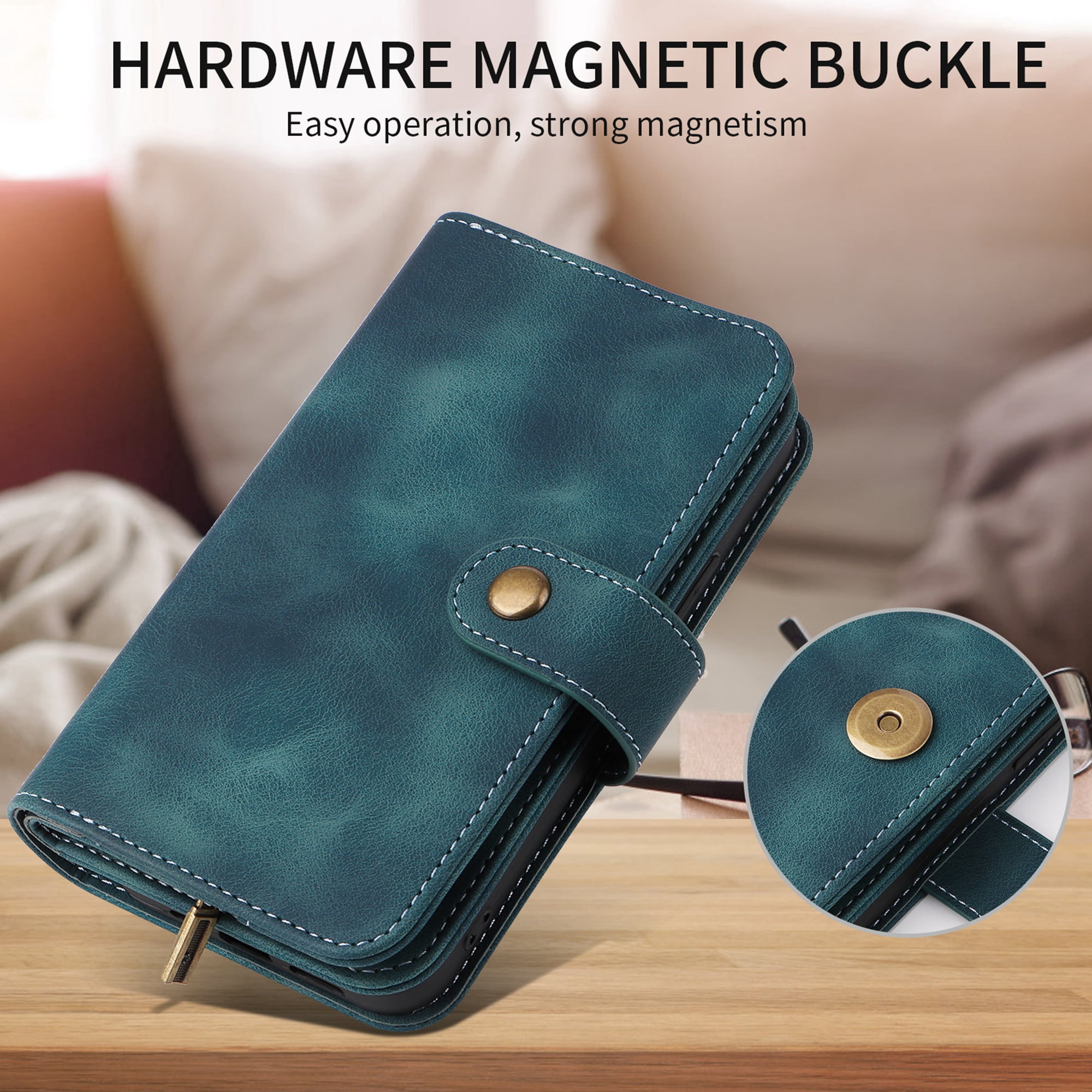 Dteck for Apple iPhone 14 Pro 6.1 inch Wallet Case for Women Men, Sturdy PU Leather Case Magnetic Flip Zipper 7 Cards Holder Wristlet & Shoulder Strap Kickstand Phone Case, Blue