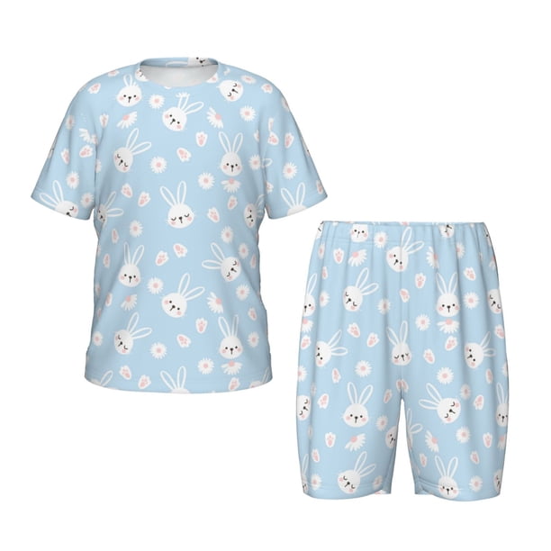 Balery Cute Bunny Conjunto de Pijama Infantil de Manga Corta con Estampado – Ropa de Dormir de Algodón Suave-Large