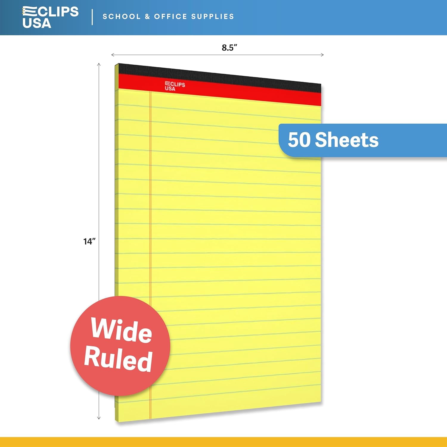 E-Clips USA 50-Sheet Legal Wide Ruled Paper Notepads with Chipboard Back, Canary Yellow, 12-Pack