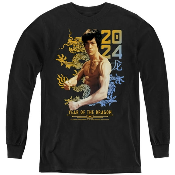 Bruce Lee Two Tone Year of the Dragon Kids Long Sleeve T Shirt (Medium) for Youth Boys and Girls, Black