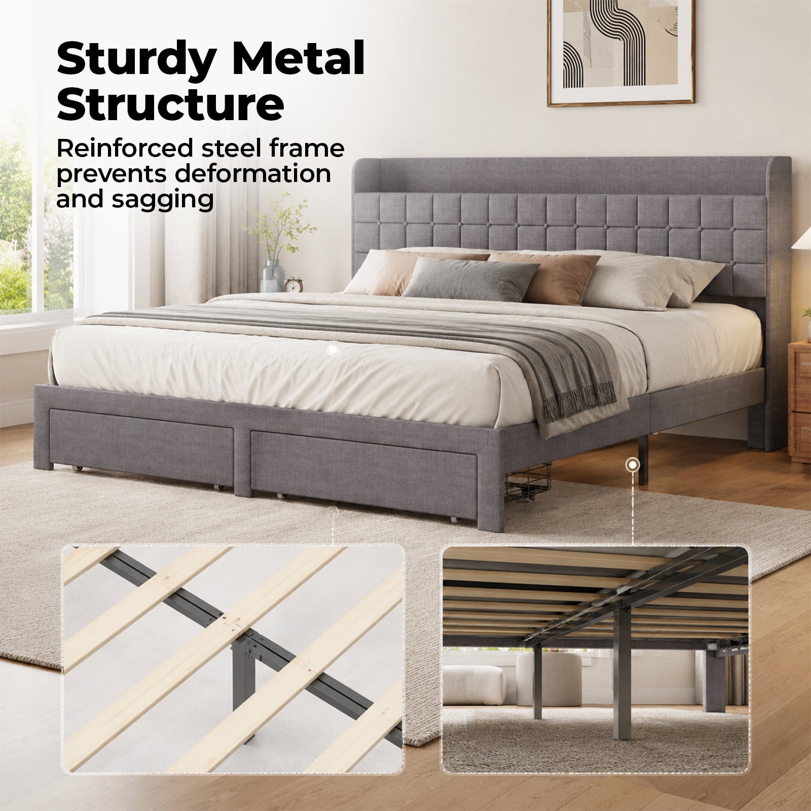 Alvantor Upholstered Bed Frame with 2 Storage Drawers and Fabric Headboard, Full Size, Heavy Duty Metal Platform, Easy Assembly