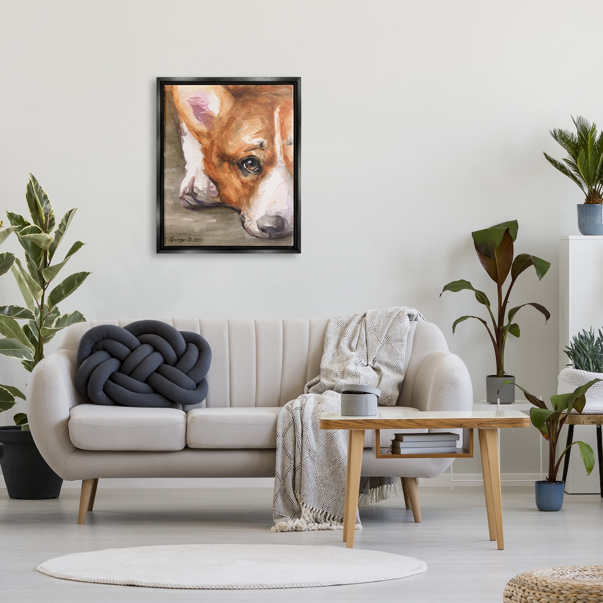 Stupell Industries Pleasant Corgi Puppy Dog Gazing Lying Down Painting Jet Black Floating Framed Canvas Print Wall Art, Design by George Dyachenko
