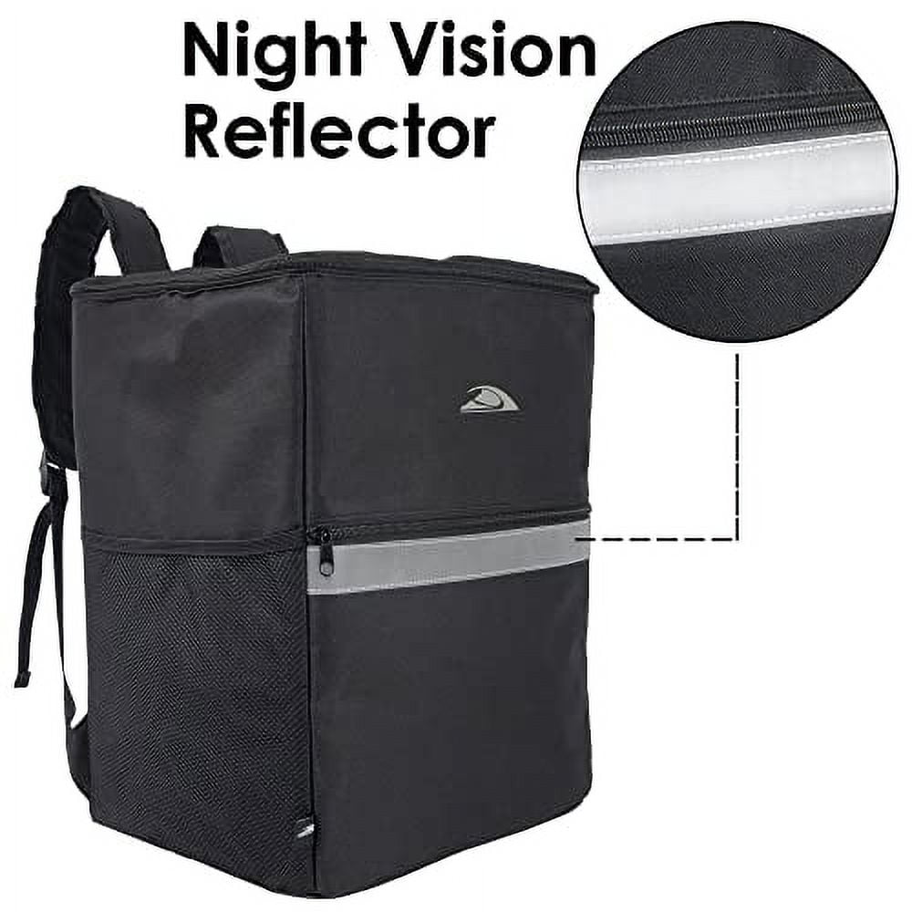 Insulated Food Delivery 3 Pocket Backpack with Drink Cup Holders and Reflector for Deliveries, Groceries, DoorDash, Uber Eats and GrubHub (Black with Silver Reflector)