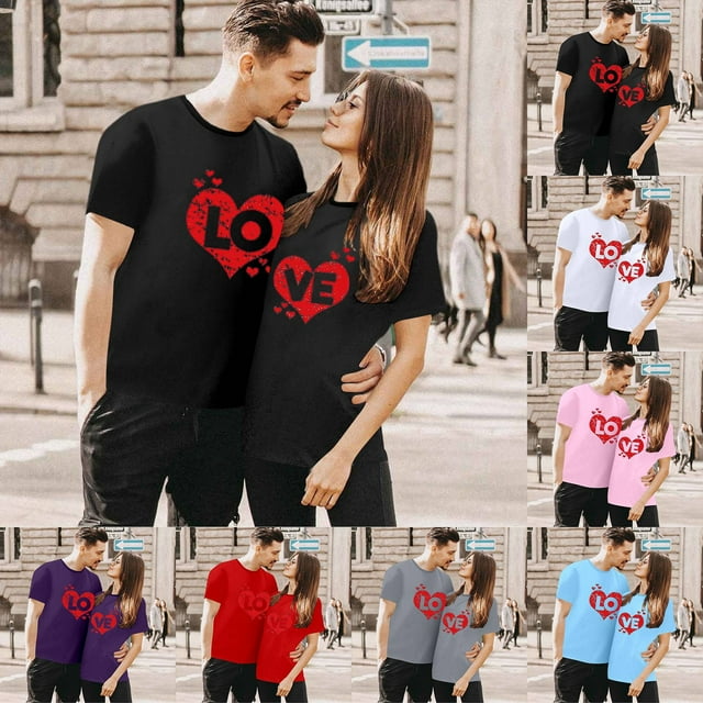 Chandails à Col Ras du Cou pour Couples Assortis, T-Shirt à Imprimé Cœur de la Saint-Valentin à Col en V, Mode, Manches Courtes, Tunique Confortable et Douce, Haut Confortable et Doux, Respirant, Blouse T-Shirt pour Mari et Femme, Blanc, M