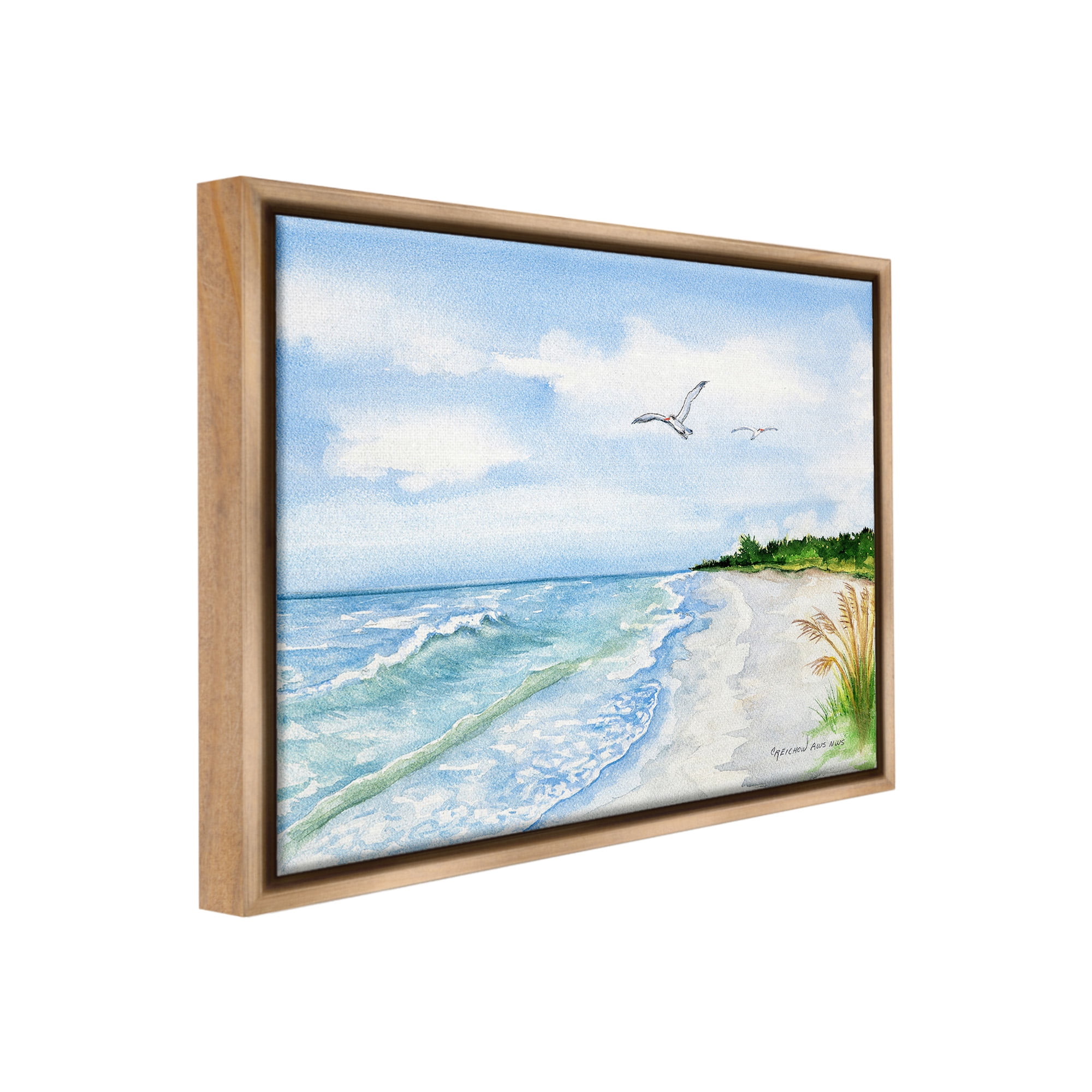 Stupell Industries Traditional Seagull over Beach Landscape Painting Brown Floater Framed Canvas Art Print Wall Art, 21 x 17