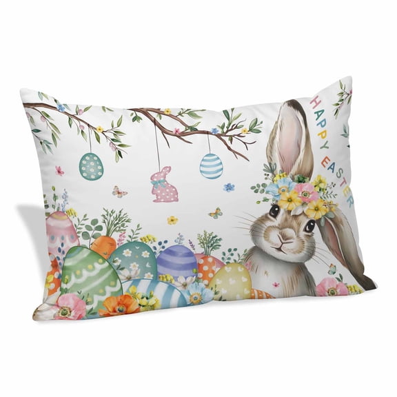 Easter Bunny Pillow Covers 16"x24", Spring Easter Eggs Floral Leaves Watercolor Soft Brushed Microfiber Breathable Throw Pillow Covers, Decorative Pillowcase with Zipper for Couch Sofa Bedroom