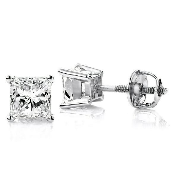 Ladies Platinum Solitaire Princess Cut Natural Diamond Stud Earrings For Her (0.5 Ctw,G-H Color)