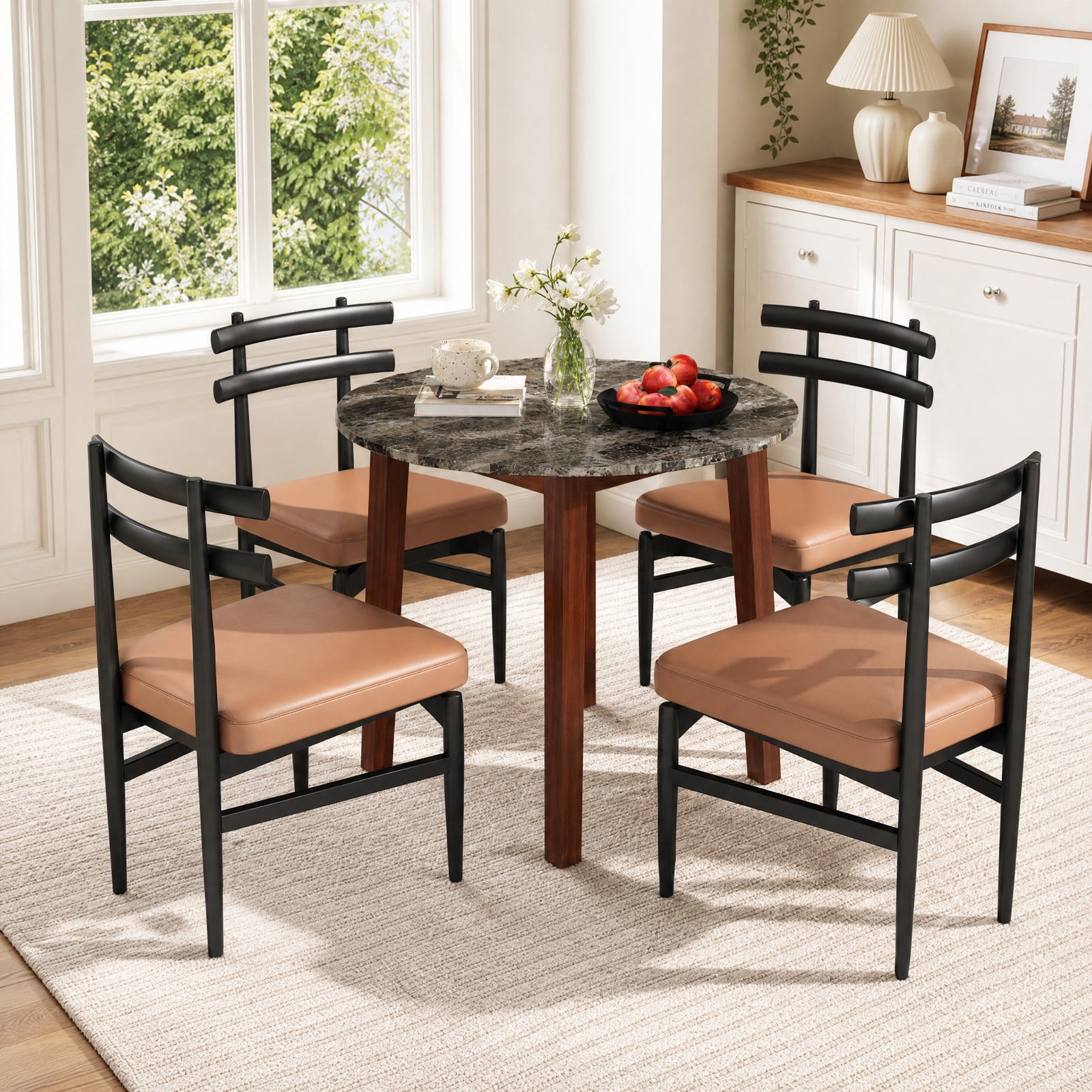 Furnibear 35 Inch Round Dining Table for 4 with Rubber Wood Legs and Marble Textured Veneer Top for Kitchen and Dining Room, Brown